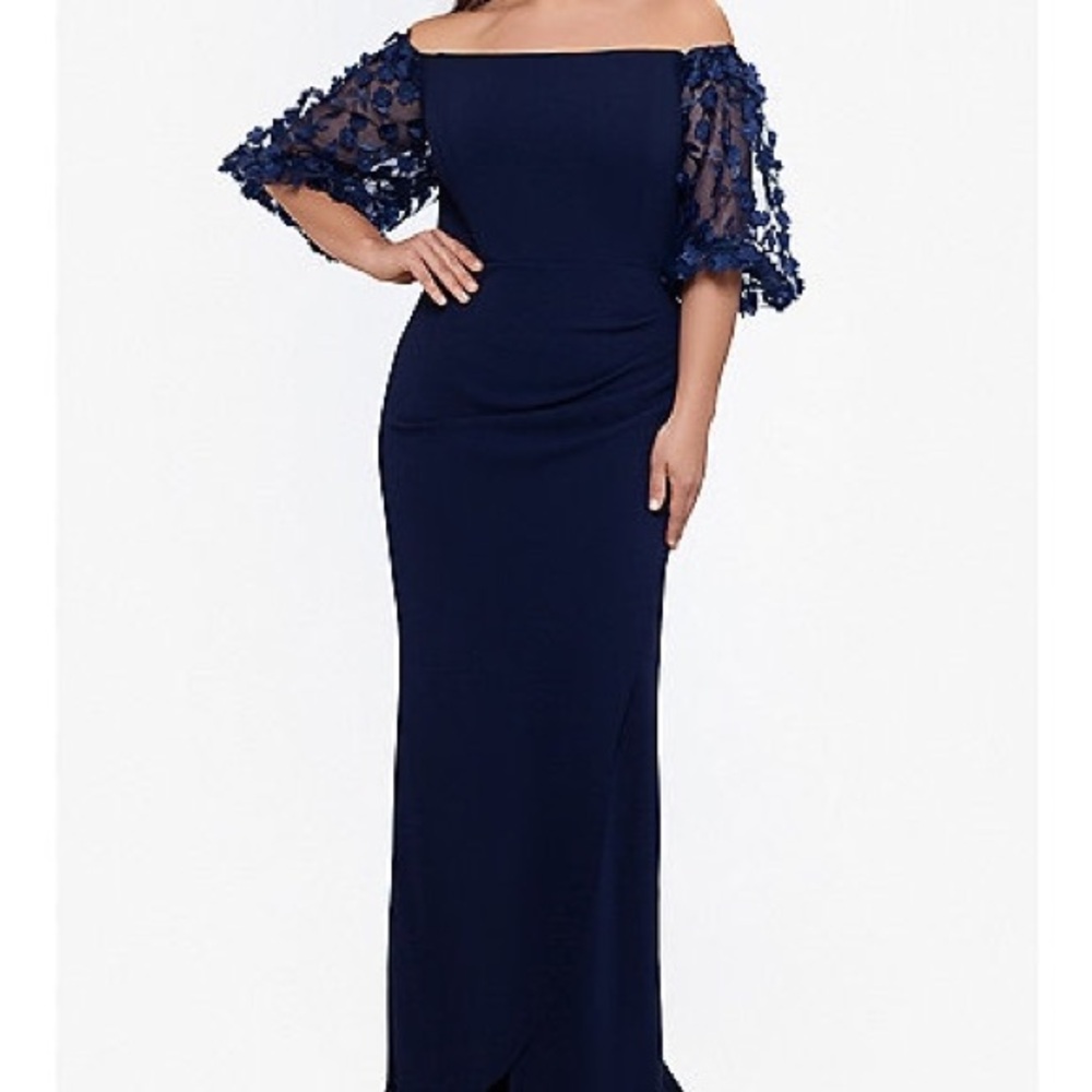 Xscape Midnight Blue Off-Shoulder Gown